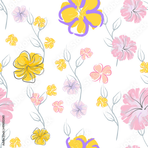 Pink Flowers Blooming Pattern. Pastel Watercolor.