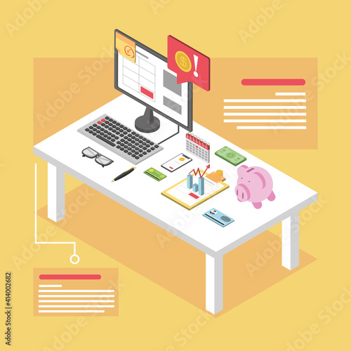 tax day, desk with computer bank card envelope smartphone and calendar isometric