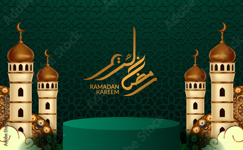 3d cylinder product display with mosque decoration with ramadan kareem calligraphy with green geometrical pattern background