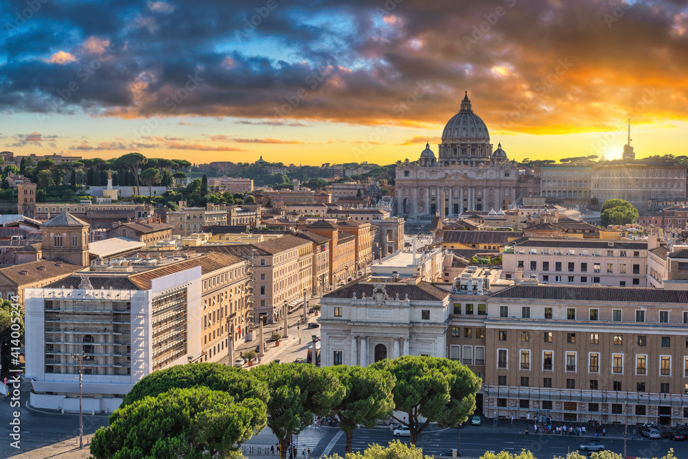 Rome Vatican Italy, high angle view sunset city skyline at Rome city center