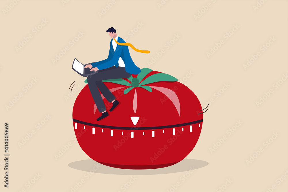 Pomodoro technique to increase work productivity, set timer to focus work  and break or rest concept, smart businessman focus on working with laptop  computer sitting on Pomodoro tomato timer stopwatch. vector de