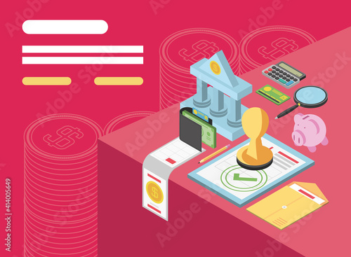 tax day, payment document piggy bank money calculator isometric