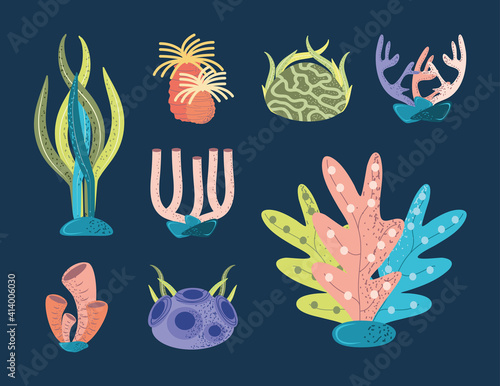 underwater world sea life coral reef stones icon set