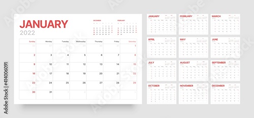 Wall or desk calendar template for 2022 with week start on Sunday.
