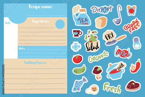 Cartoon recipe card template and food cooking stickers. Cook book page vertical format A5 size. Kids cooking class