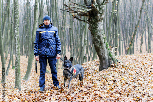 A male rescuer holds a dog on a leash. Rescue dog in search and forest