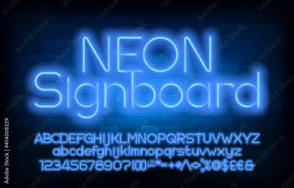 Neon Signboard alphabet font. Blue neon light simple letters, numbers and punctuation. Uppercase and lowercase. Stock vector typescript for your design.