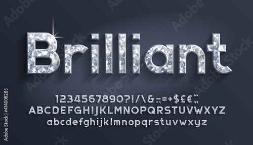 Brilliant alphabet font. Luxury diamond letters, numbers and punctuations. Uppercase and lowercase. Stock vector illustration.