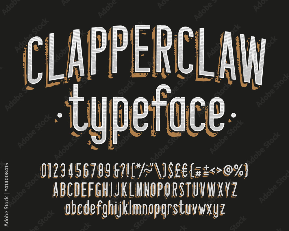 Clapperclaw alphabet font. Vintage narrow letters, numbers and symbols ...