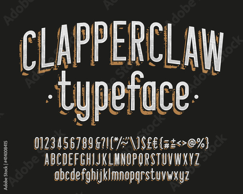 Clapperclaw alphabet font. Vintage narrow letters, numbers and symbols. Uppercase and lowercase. Stock vector typescript for your typography design.