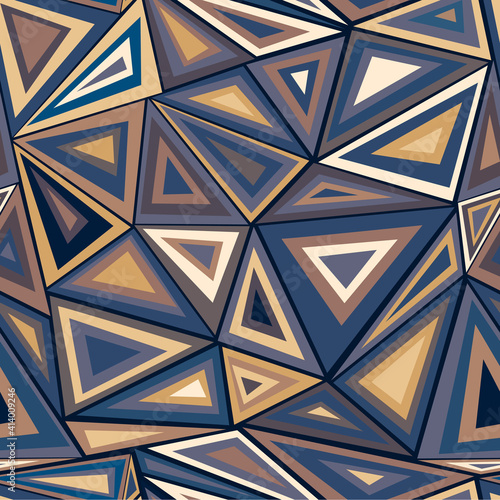 Hand-drawn seamless geometric pattern with triangles in brown and blue colors. Vector background for printing on fabric, gift wrapping, covers, wallpapers.