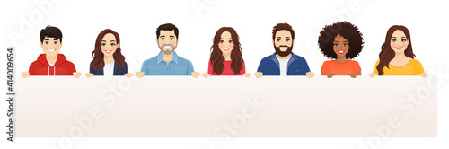 Happy smiling group of friends holding empty blank placard or board standing together isolated vector illustration