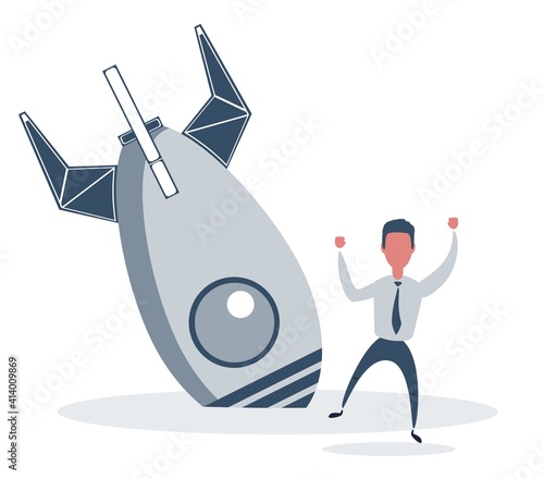 Businessman and rocket crash. Business failure, the rocket fell down. Cartoon Vector Illustration