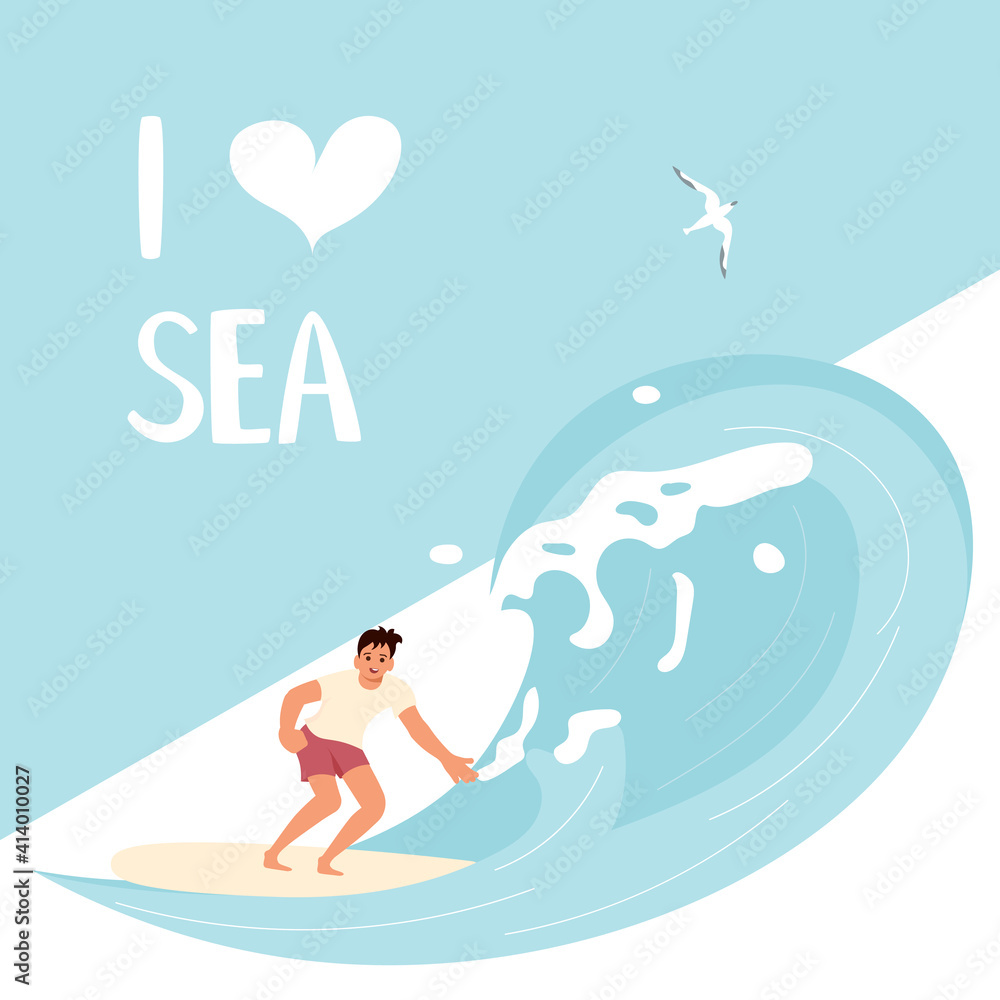 I love Sea square banner template People on summer vacation concept. A young man Surfer rides the Wave. Flat Art Vector Illustration