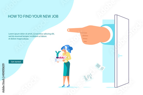 Landing webpage template of dismissal employees. Unemployment, jobless and employee job reduction metaphor. Economic crisis caused by coronavirus. Isolated on purple. Flat Art Vector Illustration