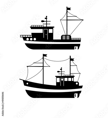 Silhouette of the Fishing Boat, Side View, Commercial Fishing Trawler, Industrial Seafood Production, Water Transport, Sea or Ocean Transportation Vector Illustration