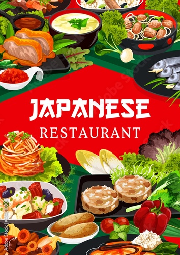 Japanese cuisine restaurant dishes poster. Fried tofu and chicken, temari sushi, daikon and carrot salad, roast chicken with hot peppers, yellowtail fish and kakigori ice dessert, nikomi udon vector