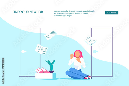 Landing webpage template of dismissal employees. Unemployment, jobless and employee job reduction metaphor. Economic crisis caused by coronavirus. Isolated on purple. Flat Art Vector Illustration