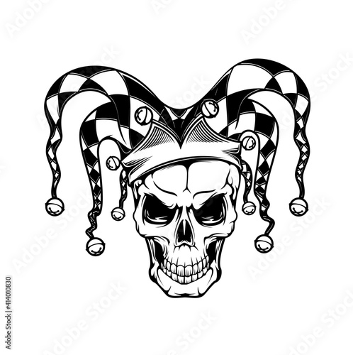 Tshirt print with joker skull, vector mascot for apparel design. T shirt print, tattoo monochrome grin cranium in fool checkered headdress with bells, isolated black emblem, label on white background