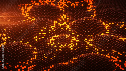Shockwave on surface of orange glowing spheres 3D rendering illustration