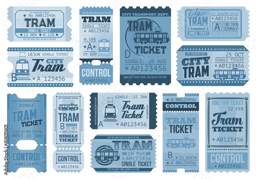 Tram tickets retro, city public transport and rail vehicles trip vector coupons. Vintage one way and trip tickets templates of blue paper and cardboard with date, time and control number perforation