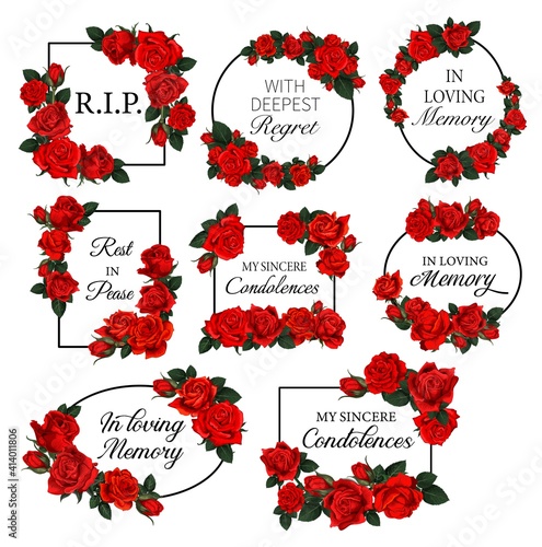 Funereal frames with red roses flowers. Obituary vector round and square frames with RIP res in peace, in loving memory condolences and engraved flowers. Funeral cards decorated floral borders