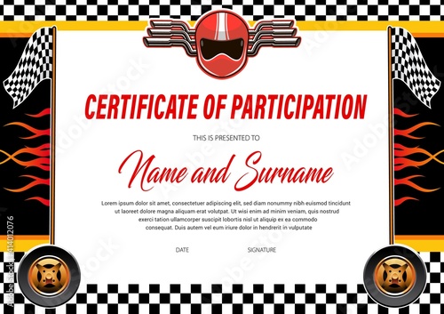 Car racing certificate diploma template, rally sport championship, vector award. Car races gear cup participation honor prize with start or finish flag, champion helmet and automobile wheels