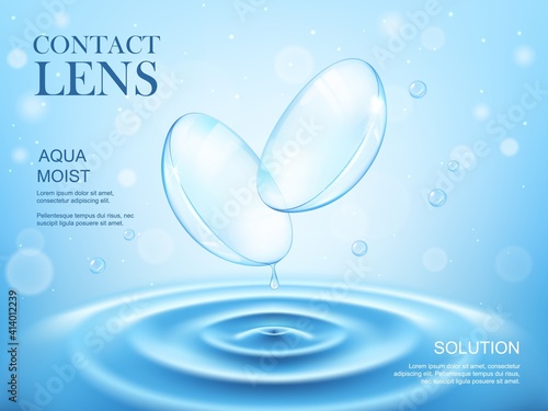 Contact lenses or eye lens in water splash solution, vector drops and ripples background. Contact lenses 3D, product package ad, realistic contacts in aqua moist drops, blur and water ripples
