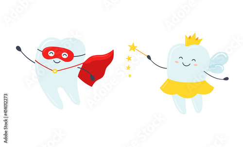 Children tooth fairy and superhero. Cute tooth with wings, a crown and a magic wand. Happy healthy tooth in a red cloak. Vector illustration in cartoon style on white background