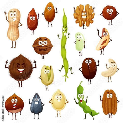 Nuts, seeds and beans cartoon characters set. Peanut, almond and hazelnut, coconut, pistachio and cashew, brazil nut, soybean and pecan, walnut, pumpkin and sunflower seed, coffee smiling face vector