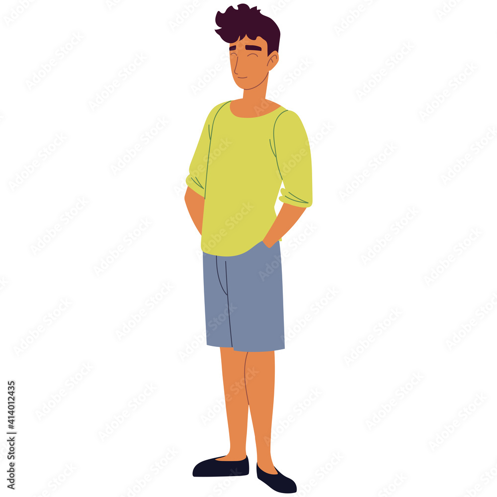 young man in a shirt, denim shorts and sneakers young man in a shirt, denim shorts and sneakers