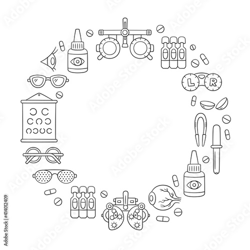 Ophthalmology hand drawn set. Contact lens, eyeball, glasses, phoropter and more. Optometry doodle objects in ring shape. Vector illustration on white background