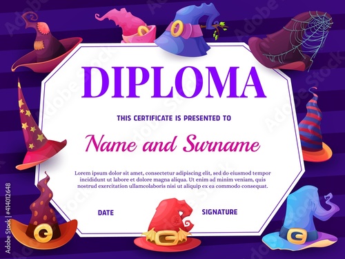 Education school diploma vector template with cartoon witch hats. Halloween party, holiday celebration, kindergarten certificate with magic caps. Kid diploma, award frame design with spooky witch hats