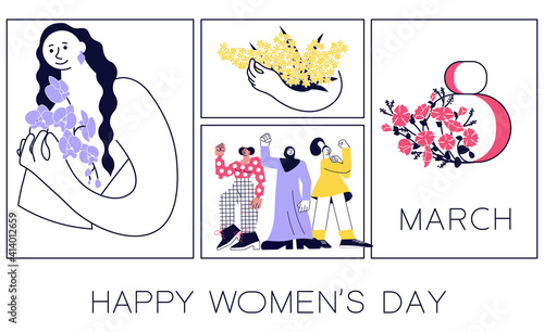 Happy Women's Day flyer, poster. Social media banner with women celebrating spring holidays with flowers. March 8 poster template or greeting card design. Flat Art Vector illustration