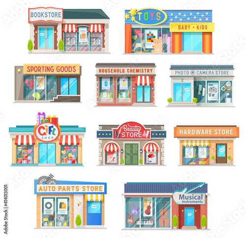 Shop and store building isolated vector icons of retail architecture. Book, auto parts, gifts and hardware shop, household chemistry, musical instruments and toys, sporting goods and beauty store