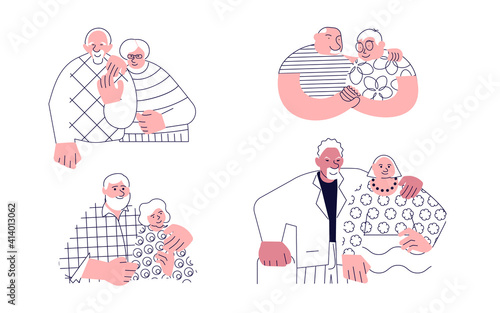 Set of senior couples hugging each other. Elderly people in relationships. Flat Art Vector illustration