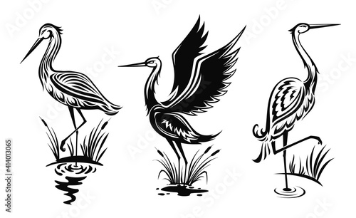 Heron or wader birds vector icons, black hern silhouettes stand in swamp water with reeds. Egrets with ornate body wading in marsh side view, tattoo design emblems isolated on white background set