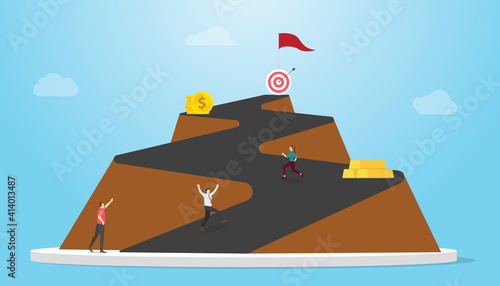 long road to success concept with mountain roads and people business man people run to goals with modern flat style