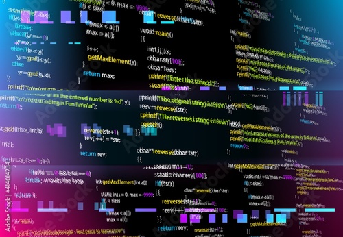 Abstract background with glitched program code parts. Vector black monitor screen with distortion and glitch effect, computer error or bug. Backdrop with programming language and random glowing pixels