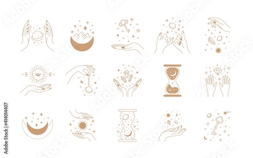 Boho magic set. Alchemy magic witch logo, hand drawn boho mystic doodle esoteric symbols. Vector set