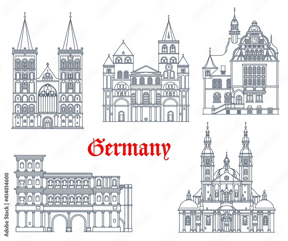 Germany landmarks architecture vector icons in German cities, Rhine Westphalia. Germany landmark buildings of St Peter cathedral, Limburg rathaus, Sankt Viktor dom in Xanten and Porta Nigra gates