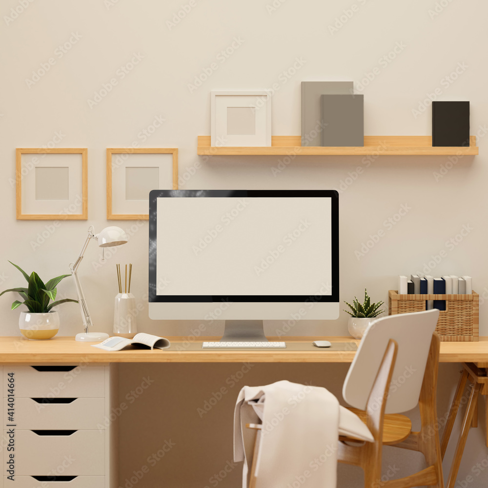 3D rendering, home office room with computer, supplies and decorations, 3D illustration