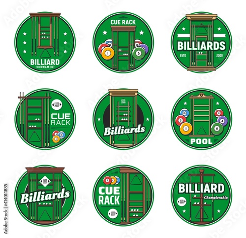 Billiard game vector icons with balls and cues on rack, pool equipment green background. Round signs for tournament announcement, billiards championship or pool sports competition isolated emblems set