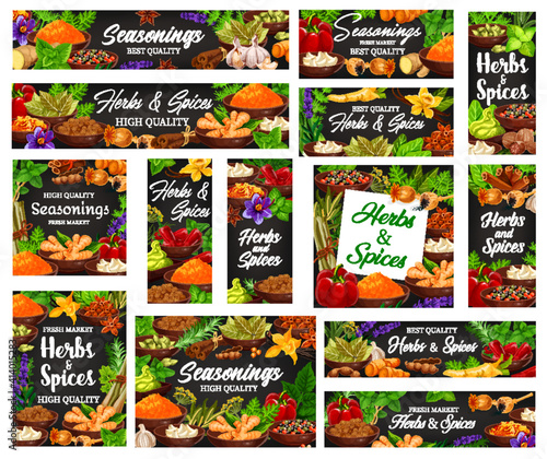 Seasonings, spicy and aromatic herbs banners. Turmeric and ginger, peppercorn, paprika and chilli peppers, onion, garlic and rosemary, peppermint, vanilla vector. Seasonings and spices market poster