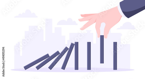 Domino effect business concept. Hand stops chain reaction of falling board game blocks of dominoes flat style vector illustration. Business bankruptcy or crisis, risk and finding solution metaphor.