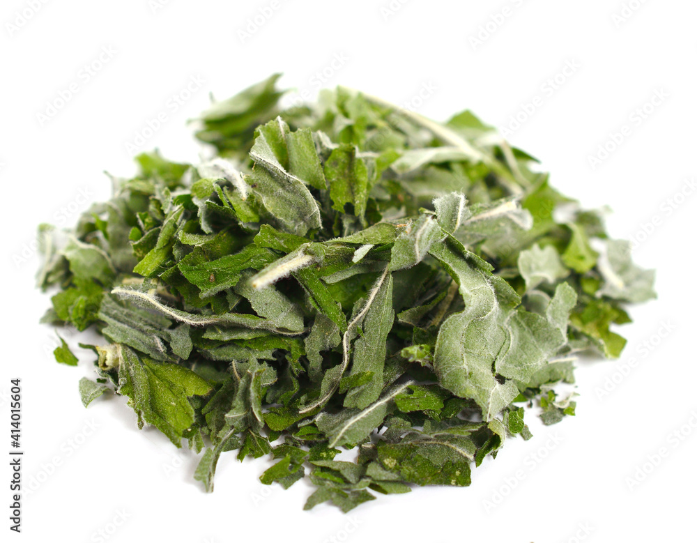 Dry (Dried) Mint Crushed Leaf Pile. Isolated on White. Dry (Dried) Mint Crushed Leaf Pile. Isolated on White.