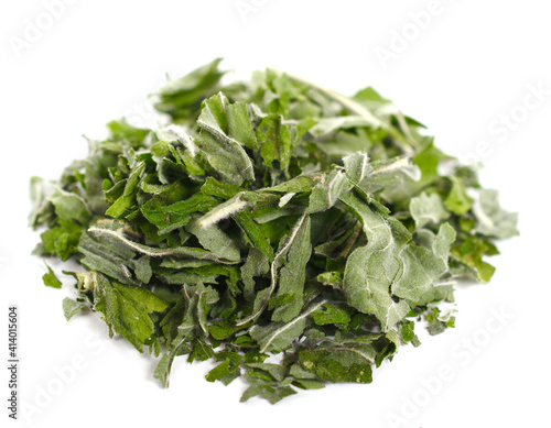Dry (Dried) Mint Crushed Leaf Pile. Isolated on White.