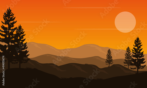 Beautiful silhouette of cypress trees and mountains at dusk in the afternoon. Vector illustration