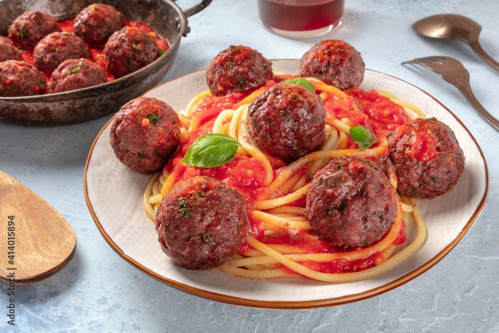 Meatballs with pasta, Italian dinner on a table Meatballs with pasta, Italian dinner on a table