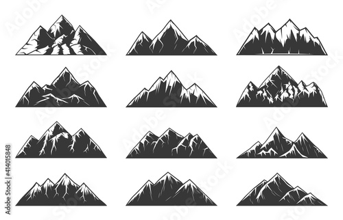 Mountain chain snowy peaks, rocky hills end volcanoes. High mountains with sharp tops, gorges and steep slopes, northern terrain nature landscape element engraved vector set